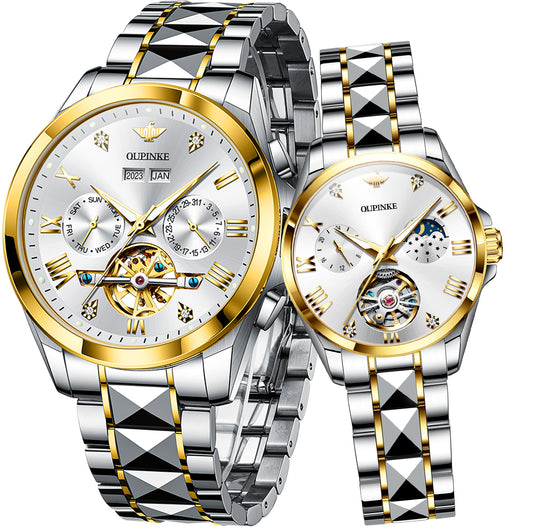 OLEVS 3186+3202 Couple Pair Watches Set Automatic Mechanical Self Winding Dress Matching Watch for His and Hers Valentines Day Gifts