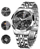 OLEVS 3673 Watches For Men Business Dress Luxury Casual Chronograph Multifunction Analog Quartz Stainless Steel Waterproof Luminous Moon Phase Date Men Wrist Watches Reloj Para Hombre White Dial