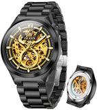 OLEVS 6722 Skeleton Watches for Men Luxury Dress Automatic Self Winding Mechanical Gold Plated Stainless Steel Waterproof Luminous Business Men Wrist Watch Reloj Para Hombre