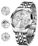 OLEVS 3673 Watches For Men Business Dress Luxury Casual Chronograph Multifunction Analog Quartz Stainless Steel Waterproof Luminous Moon Phase Date Men Wrist Watches Reloj Para Hombre White Dial