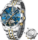 OLEVS 6620 Automatic Watches for Men Self Winding Mechanical Skeleton Luxury Dress Chronograph Gold Plated Stainless Steel Calendar Moon Phase Waterproof Luminous Mens Wrist Watches Reloj Para Hombre