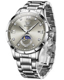 OLEVS 2956 Watches for Men Diamond Business Dress Casual Analog Moon Phase Calendar Quartz Stainless Steel Waterproof Luminous Date Men Wrist Watches Reloj Para Hombre White Dial