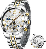 OLEVS 6620 Automatic Watches for Men Self Winding Mechanical Skeleton Luxury Dress Chronograph Gold Plated Stainless Steel Calendar Moon Phase Waterproof Luminous Mens Wrist Watches Reloj Para Hombre
