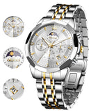 OLEVS 3673 Watches For Men Business Dress Luxury Casual Chronograph Multifunction Analog Quartz Stainless Steel Waterproof Luminous Moon Phase Date Men Wrist Watches Reloj Para Hombre White Dial