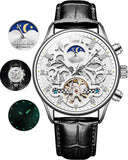 OLEVS 6658Automatic Watches for Men Self Winding Mechanical Chronograph Skeleton Flywheel Luxury Dress Black Brown Leather Diamond Moon Phase Waterproof Luminous Mens Wrist Watches Reloj Para Hombre