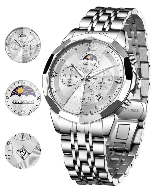 OLEVS 3673 Watches For Men Business Dress Luxury Casual Chronograph Multifunction Analog Quartz Stainless Steel Waterproof Luminous Moon Phase Date Men Wrist Watches Reloj Para Hombre