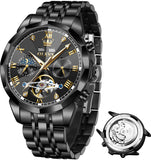 OLEVS 6620 Automatic Watches for Men Self Winding Mechanical Skeleton Luxury Dress Chronograph Gold Plated Stainless Steel Calendar Moon Phase Waterproof Luminous Mens Wrist Watches Reloj Para Hombre