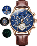 OLEVS 6658Automatic Watches for Men Self Winding Mechanical Chronograph Skeleton Flywheel Luxury Dress Black Brown Leather Diamond Moon Phase Waterproof Luminous Mens Wrist Watches Reloj Para Hombre