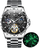 OLEVS 6689 Automatic Watches for Mens Starry Sky Skeleton Tourbillon Self Winding Mechanical Moon Phase Luminous Waterproof Luxury Dress Mens Wrist Watches Gifts Reloj Para Hombre Black/Blue/Green