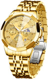 OLEVS 3676 Chronograph Watches for Men Business Dress Analog Quartz Gold Plated Stainless Steel Moon Phase Waterproof Luminous Date Luxury Mens Wrist Watches Reloj Para Hombre