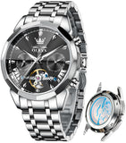 OLEVS 6619 Automatic Watches for Men Luxury Dress Waterproof Self Winding Mechanical Chronograph Diamond Stainless Steel Luminous Date Skeleton Tourbillon Mens Watches Gift Reloj Para Hombre