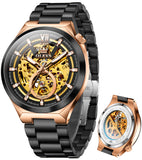 OLEVS 6722 Skeleton Watches for Men Luxury Dress Automatic Self Winding Mechanical Gold Plated Stainless Steel Waterproof Luminous Business Men Wrist Watch Reloj Para Hombre