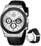 OLEVS 9911 Watches for Men Chronograph Waterproof Luxury Dress Quartz Silicon Strap Multifunction Moon Phase Business Calendar Luminous Men Wrist Watches Reloj Para Hombre Gray/Black/White