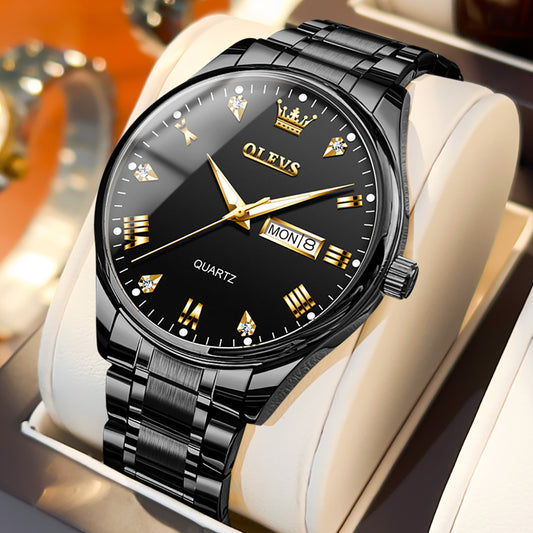 OLEVS 5563 Watches for Men Business Dress Analog Quartz Luxury Black Stainless Steel Waterproof Luminous Classic with Date Mens Wrist Watches Reloj para Hombre