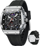 OLEVS 2942 Watches for Men Chronograph Waterproof Luxury Dress Quartz Silicon Strap Multifunction Moon Phase Calendar Luminous Men Wrist Watches Reloj Para Hombre Black/Red