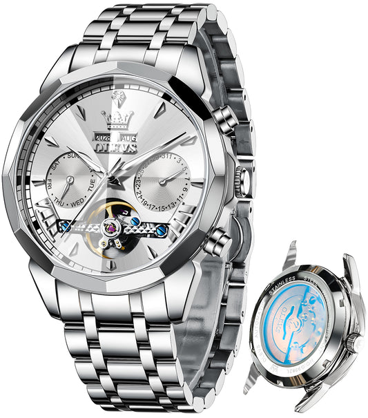 OLEVS 6619 Automatic Watches for Men Luxury Dress Waterproof Self Winding Mechanical Chronograph Diamond Stainless Steel Luminous Date Skeleton Tourbillon Mens Watches Gift Reloj Para Hombre