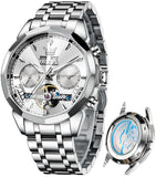 OLEVS 6619 Automatic Watches for Men Luxury Dress Waterproof Self Winding Mechanical Chronograph Diamond Stainless Steel Luminous Date Skeleton Tourbillon Mens Watches Gift Reloj Para Hombre