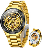 OLEVS 6722 Skeleton Watches for Men Luxury Dress Automatic Self Winding Mechanical Gold Plated Stainless Steel Waterproof Luminous Business Men Wrist Watch Reloj Para Hombre