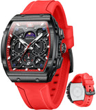 OLEVS 2942 Watches for Men Chronograph Waterproof Luxury Dress Quartz Silicon Strap Multifunction Moon Phase Calendar Luminous Men Wrist Watches Reloj Para Hombre Black/Red
