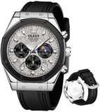 OLEVS 9911 Watches for Men Chronograph Waterproof Luxury Dress Quartz Silicon Strap Multifunction Moon Phase Business Calendar Luminous Men Wrist Watches Reloj Para Hombre Gray/Black/White