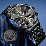 OLEVS 6621Automatic Watches for Men Luxury Dress Waterproof Self Winding Mechanical Moon Phase Chronograph Stainless Steel Luminous Diamond Date Skeleton Tourbillon Wristwatch for Men Reloj Para Hombre