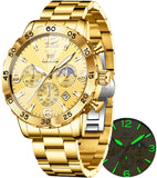 OLEVS 3678 Watches for Men Luxury Dress Chronograph Analog Quartz Gold Plated Stainless Steel Moon Phase Waterproof Luminous Date Fashion Mens Wrist Watches Reloj Para Hombre