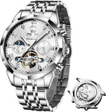 OLEVS 6620 Automatic Watches for Men Self Winding Mechanical Skeleton Luxury Dress Chronograph Gold Plated Stainless Steel Calendar Moon Phase Waterproof Luminous Mens Wrist Watches Reloj Para Hombre