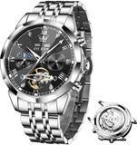 OLEVS 6620 Automatic Watches for Men Self Winding Mechanical Skeleton Luxury Dress Chronograph Gold Plated Stainless Steel Calendar Moon Phase Waterproof Luminous Mens Wrist Watches Reloj Para Hombre