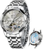 OLEVS 6619 Automatic Watches for Men Luxury Dress Waterproof Self Winding Mechanical Chronograph Diamond Stainless Steel Luminous Date Skeleton Tourbillon Mens Watches Gift Reloj Para Hombre