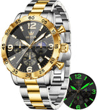 OLEVS 3678 Watches for Men Luxury Dress Chronograph Analog Quartz Gold Plated Stainless Steel Moon Phase Waterproof Luminous Date Fashion Mens Wrist Watches Reloj Para Hombre