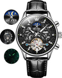 OLEVS 6658Automatic Watches for Men Self Winding Mechanical Chronograph Skeleton Flywheel Luxury Dress Black Brown Leather Diamond Moon Phase Waterproof Luminous Mens Wrist Watches Reloj Para Hombre