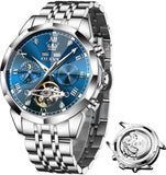 OLEVS 6620 Automatic Watches for Men Self Winding Mechanical Skeleton Luxury Dress Chronograph Gold Plated Stainless Steel Calendar Moon Phase Waterproof Luminous Mens Wrist Watches Reloj Para Hombre