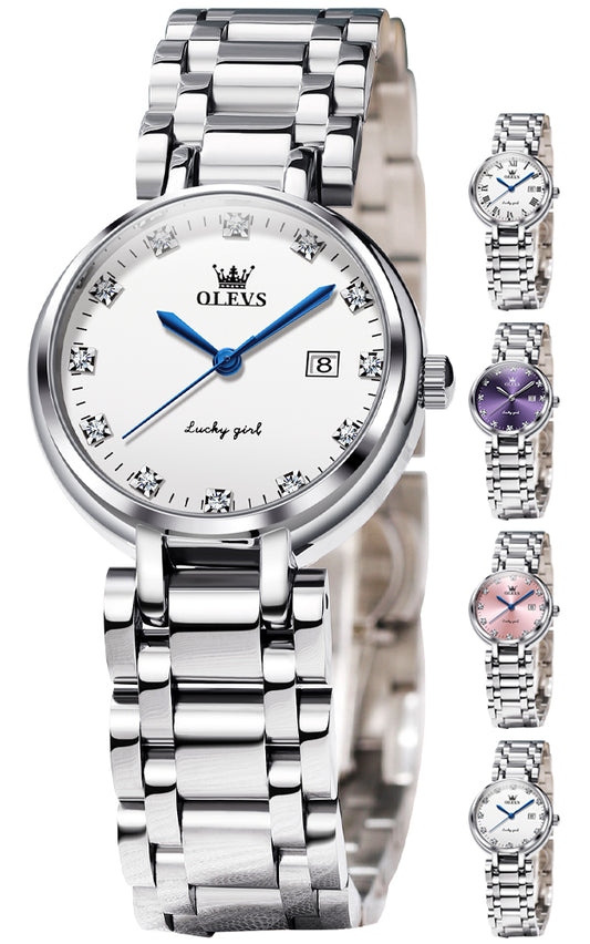 OLEVS 5575 Watches for Womens Analog Quartz Silver Strap Fashions Classic Dress Stainless Steel Date Waterproof Casual Ladies Watches Gift Womens Wrist Watches Reloj Para Mujer White/Pink/Purple