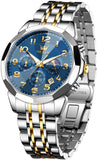 OLEVS 3676 Chronograph Watches for Men Business Dress Analog Quartz Gold Plated Stainless Steel Moon Phase Waterproof Luminous Date Luxury Mens Wrist Watches Reloj Para Hombre