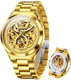 OLEVS 6722 Skeleton Watches for Men Luxury Dress Automatic Self Winding Mechanical Gold Plated Stainless Steel Waterproof Luminous Business Men Wrist Watch Reloj Para Hombre