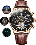 OLEVS 6658Automatic Watches for Men Self Winding Mechanical Chronograph Skeleton Flywheel Luxury Dress Black Brown Leather Diamond Moon Phase Waterproof Luminous Mens Wrist Watches Reloj Para Hombre