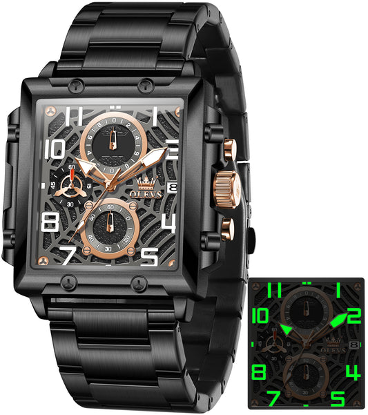 OLEVS 2958 Watches for Men Business Dress Chronograph Analog Quartz Square Dial Stainless Steel Waterproof Luminous Date Fashion Mens Wrist Watches Reloj Para Hombre