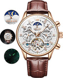 OLEVS 6658Automatic Watches for Men Self Winding Mechanical Chronograph Skeleton Flywheel Luxury Dress Black Brown Leather Diamond Moon Phase Waterproof Luminous Mens Wrist Watches Reloj Para Hombre
