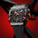 OLEVS 2942 Watches for Men Chronograph Waterproof Luxury Dress Quartz Silicon Strap Multifunction Moon Phase Calendar Luminous Men Wrist Watches Reloj Para Hombre Black/Red