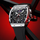 OLEVS 2942 Watches for Men Chronograph Waterproof Luxury Dress Quartz Silicon Strap Multifunction Moon Phase Calendar Luminous Men Wrist Watches Reloj Para Hombre Black/Red