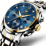 OLEVS 2858 Men's Watch, Business Chronograph Formal Stainless Steel Watch, Pointer Quartz Waterproof Luminous Men's Watch, Black and Blue Tone Stylish Holiday Gift