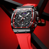 OLEVS 2942 Watches for Men Chronograph Waterproof Luxury Dress Quartz Silicon Strap Multifunction Moon Phase Calendar Luminous Men Wrist Watches Reloj Para Hombre Black/Red