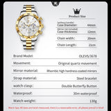 OLEVS 3678 Watches for Men Luxury Dress Chronograph Analog Quartz Gold Plated Stainless Steel Moon Phase Waterproof Luminous Date Fashion Mens Wrist Watches Reloj Para Hombre