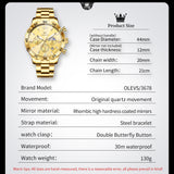 OLEVS 3678 Watches for Men Luxury Dress Chronograph Analog Quartz Gold Plated Stainless Steel Moon Phase Waterproof Luminous Date Fashion Mens Wrist Watches Reloj Para Hombre
