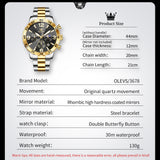 OLEVS 3678 Watches for Men Luxury Dress Chronograph Analog Quartz Gold Plated Stainless Steel Moon Phase Waterproof Luminous Date Fashion Mens Wrist Watches Reloj Para Hombre