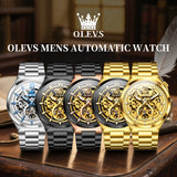 OLEVS 6722 Skeleton Watches for Men Luxury Dress Automatic Self Winding Mechanical Gold Plated Stainless Steel Waterproof Luminous Business Men Wrist Watch Reloj Para Hombre