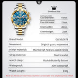 OLEVS 3678 Watches for Men Luxury Dress Chronograph Analog Quartz Gold Plated Stainless Steel Moon Phase Waterproof Luminous Date Fashion Mens Wrist Watches Reloj Para Hombre