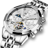 OLEVS 6620 Automatic Watches for Men Self Winding Mechanical Skeleton Luxury Dress Chronograph Gold Plated Stainless Steel Calendar Moon Phase Waterproof Luminous Mens Wrist Watches Reloj Para Hombre