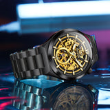 OLEVS 6722 Skeleton Watches for Men Luxury Dress Automatic Self Winding Mechanical Gold Plated Stainless Steel Waterproof Luminous Business Men Wrist Watch Reloj Para Hombre