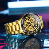 OLEVS 6722 Skeleton Watches for Men Luxury Dress Automatic Self Winding Mechanical Gold Plated Stainless Steel Waterproof Luminous Business Men Wrist Watch Reloj Para Hombre
